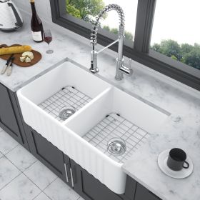 White Farmhouse Sink - 33 x 18 x 10 Inch Kitchen Sink Apron Front Double Bowl 50/50 White Porcelain Ceramic Kitchen Farm Sink