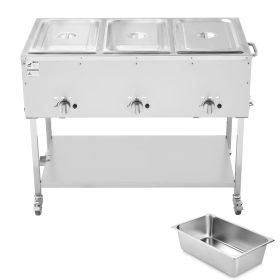 3-Pan Commercial Propane Steam Table, LP Gas Outdoor Soup Warmer with Drain Valve and 3" Wheels