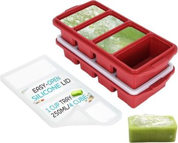 Silicone Freezer Tray With Lid - Soup Freezer Container molds - Large Ice Cube Tray- makes 8 perfect 1 cup portions cubes (Color: Red)