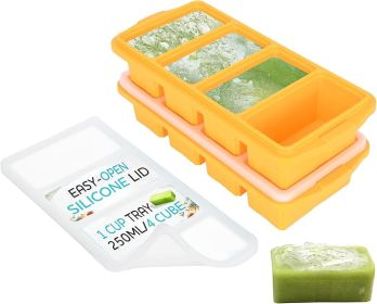 Silicone Freezer Tray With Lid - Soup Freezer Container molds - Large Ice Cube Tray- makes 8 perfect 1 cup portions cubes (Color: yellow)